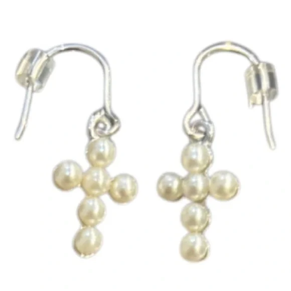 Cross Earrings Freshwater Pearl Sterling Silver Jewelry Dangle Wire Ivory White